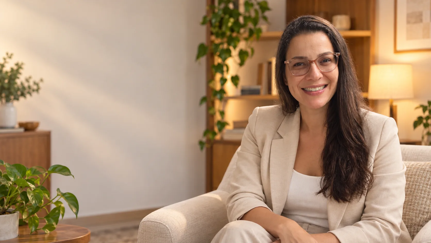 Marina Vidal, psicóloga, sorrindo sentada numa poltrona do consultório na Barra da Tijuca