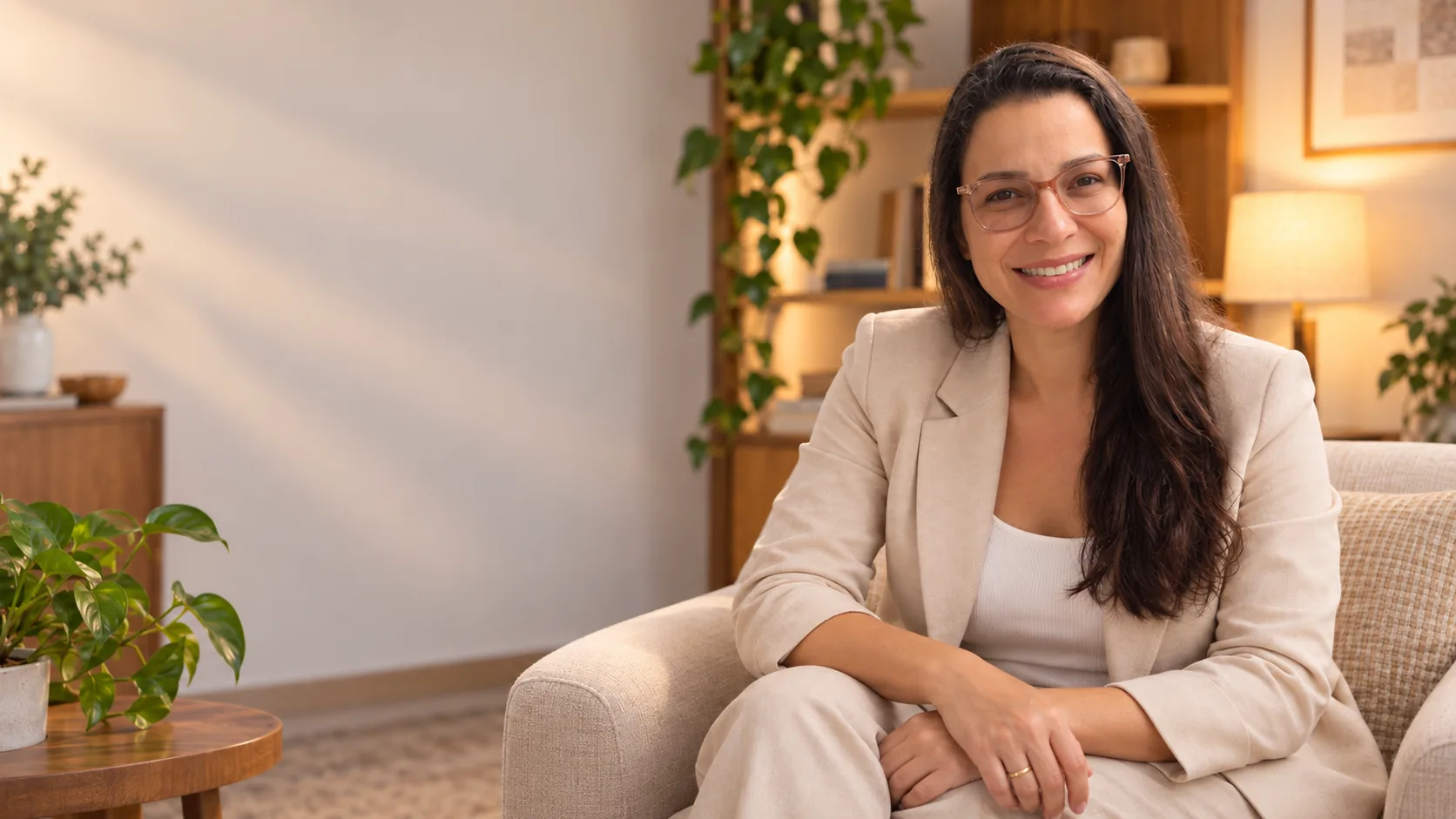 Marina Vidal, psicóloga, sorrindo sentada na poltrona do consultório na Barra da Tijuca