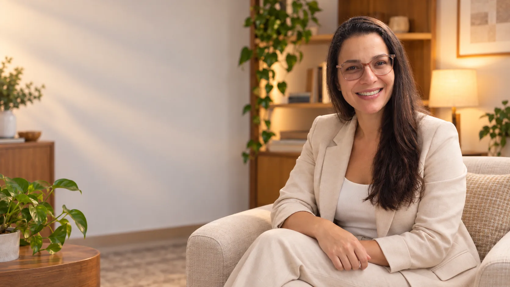 Marina Vidal, psicóloga, sentada na poltrona do consultório