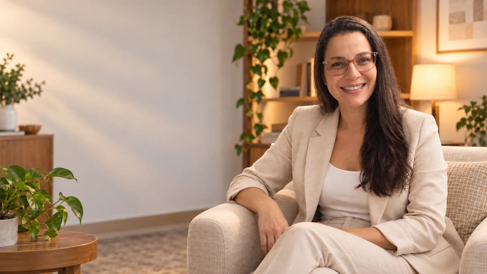 Marina Vidal, psicóloga, sentada na poltrona do consultório
