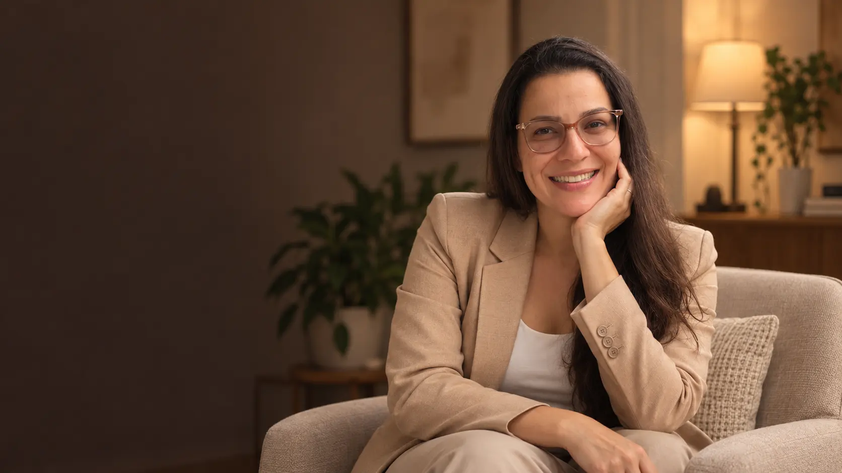 Marina Vidal no consultório de psicologia na Barra da Tijuca
